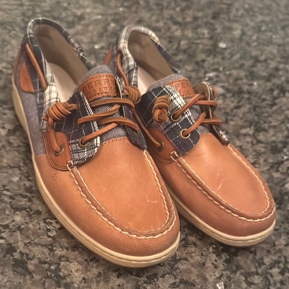 Sperry Brown and Blue leather Boat Shoes with Moc-Toe Stitching 7 EUC - Picture 1 of 15